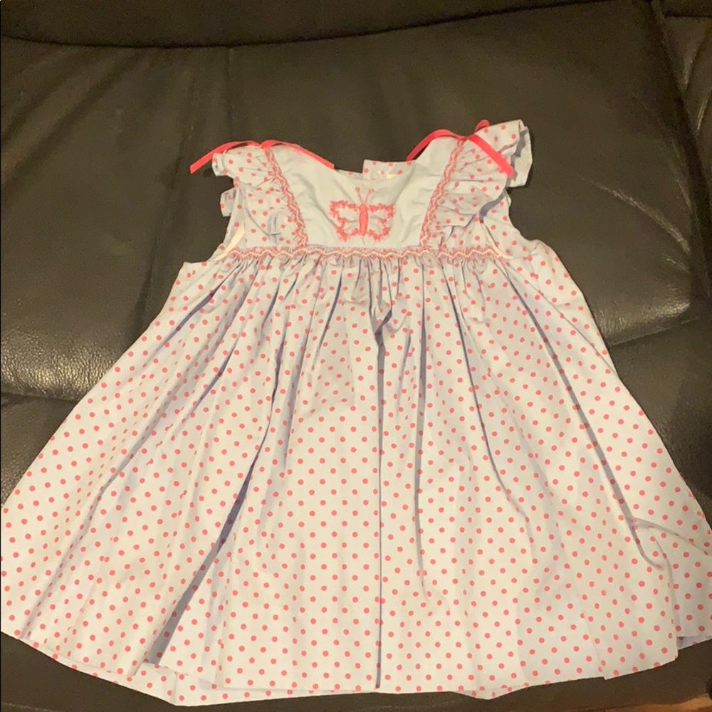 Petit Ami blue with pink polka dots dress 6 mos